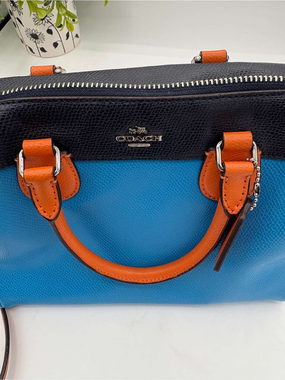 Coach Blue and Orange Leather Satchel with Black Trim